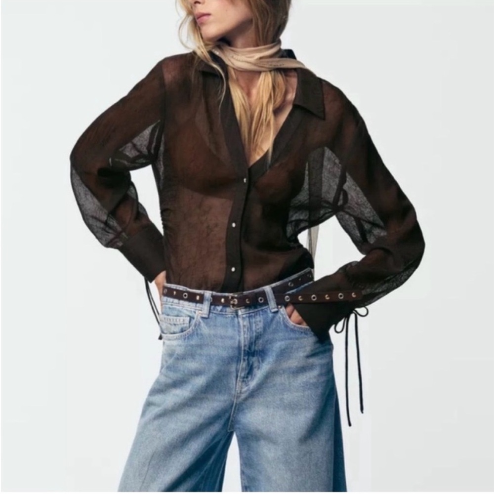 ZARA Relaxed Sheer Women's Lightweight blouse with rhinestone buttons - Picture 2 of 8